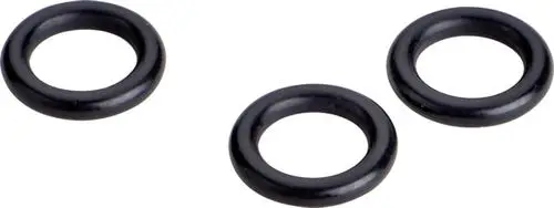 Drei schwarze Gummi-O-Ringe auf hellem Hintergrund, möglicherweise von der Marke Ideal Standard, für Dichtungszwecke oder Verschlussanwendungen.